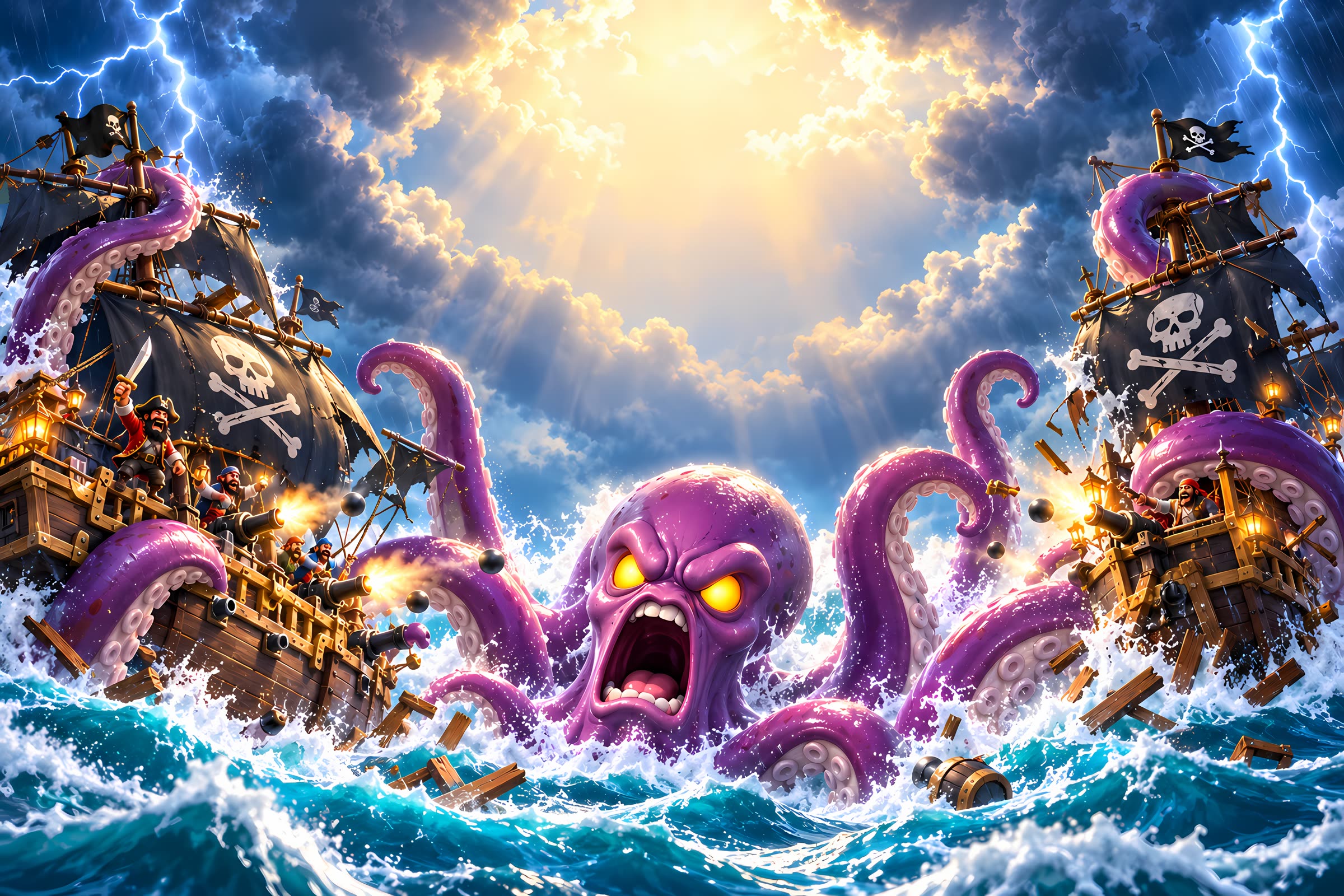 A giant octopus rises between two pirate ships in a storm