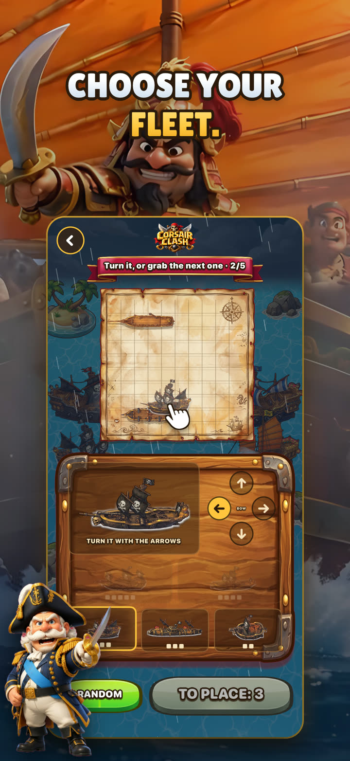 Game screen: placing the ships of a fleet on the grid