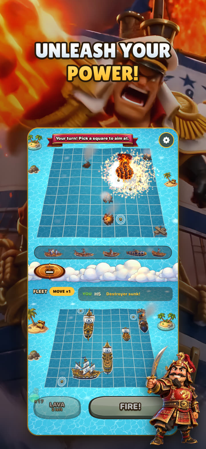 Game screen: a lava fist explodes on the enemy grid