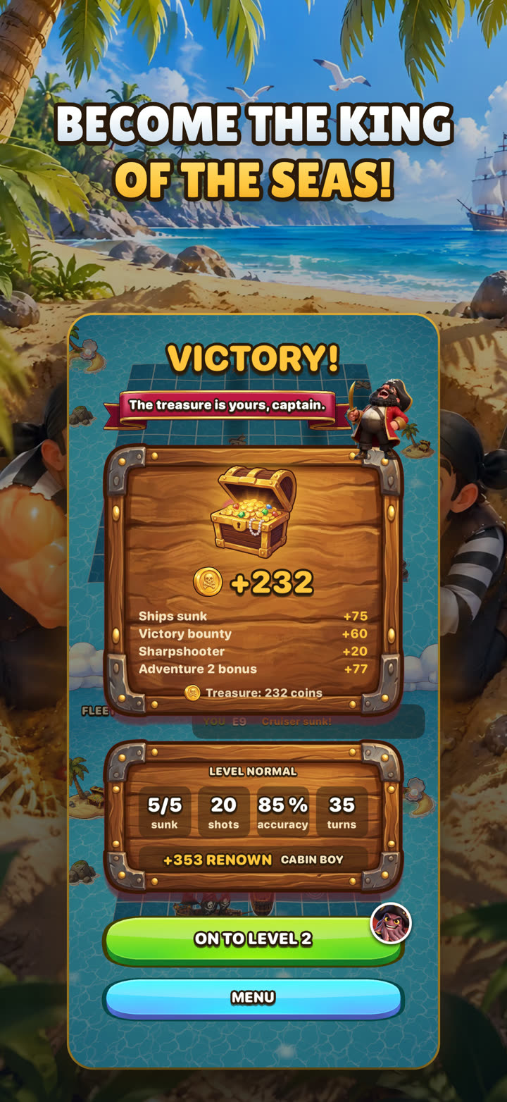 Game screen: victory, with the gold and renown earned